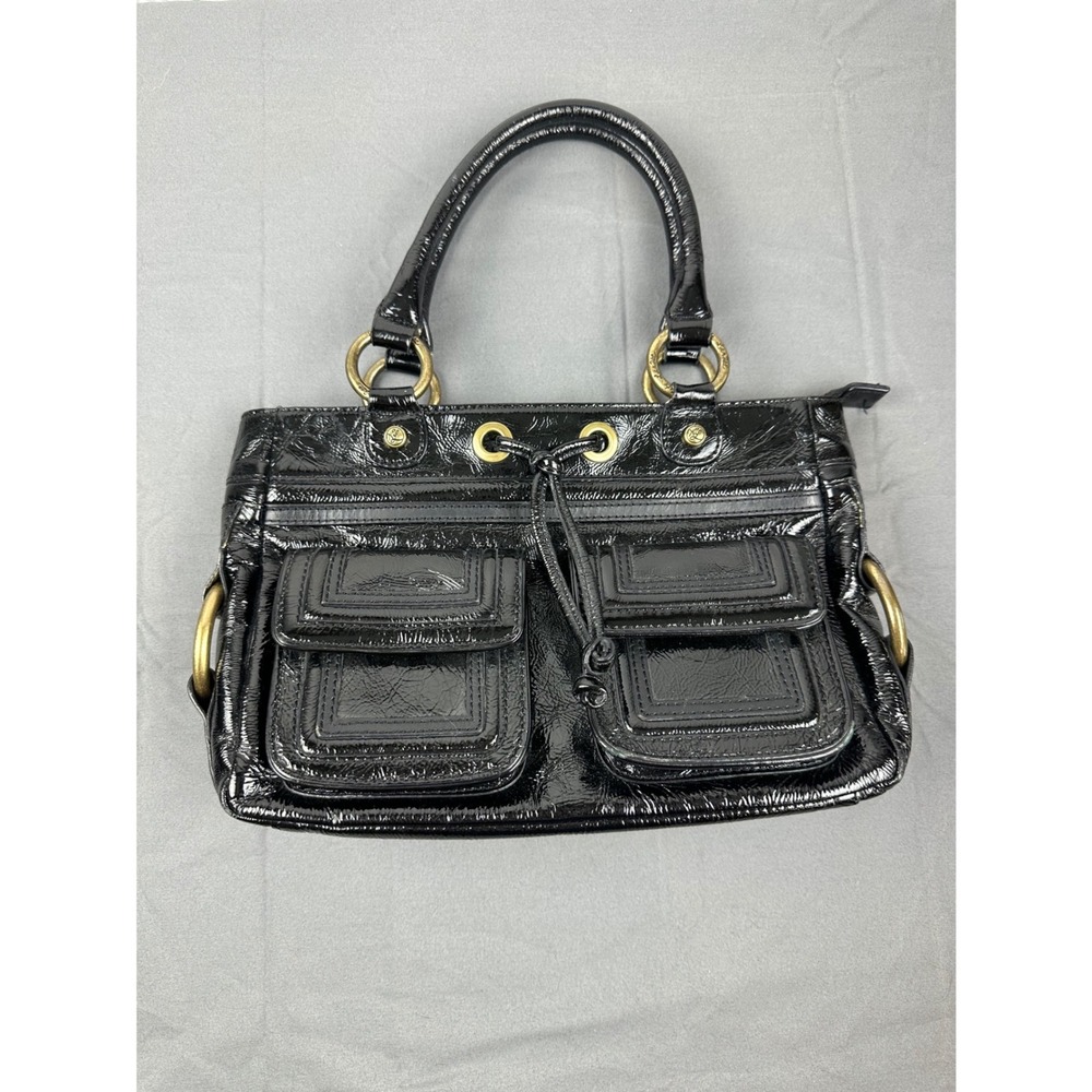 Kate Landry Black Patent Satchel Purse Y2K Shoulder Bag Multi Pocket Handbag